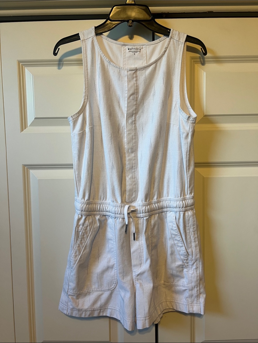 Athleta White Sleeveless Drawstring Romper with Front Pockets